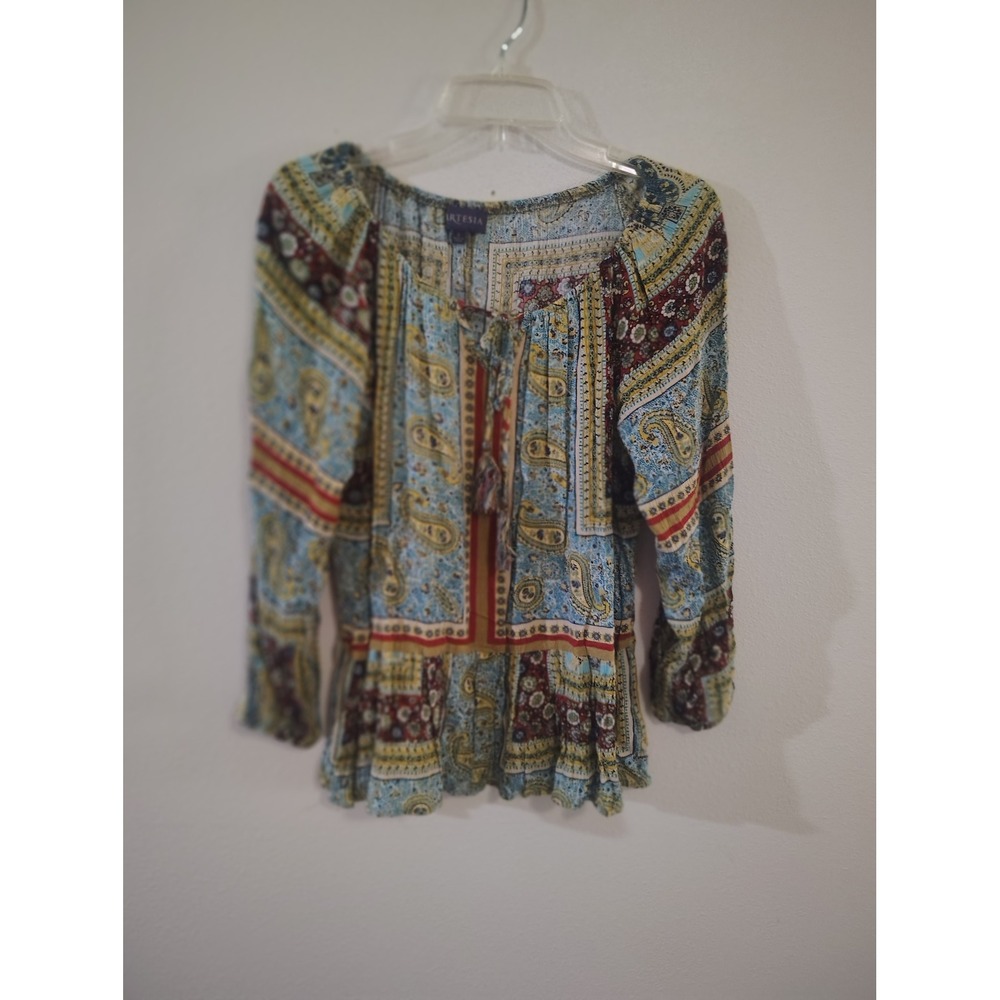 Artesia Womens‎ Boho Paisley Peplum Blouse Blue Red Tassel Tie Peasant Top Large